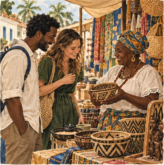 Ilustração de viajantes conversando com uma artesã em uma feira