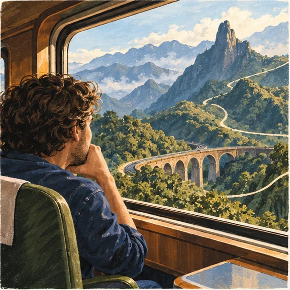 Ilustração de um viajante observando montanhas pela janela de um trem