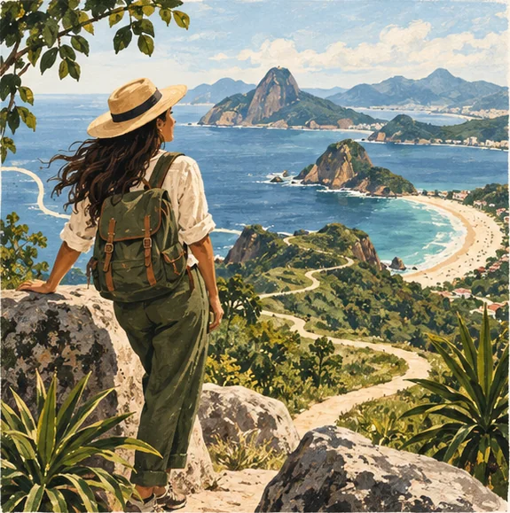 Ilustração de uma viajante apreciando o mar e a paisagem com calma