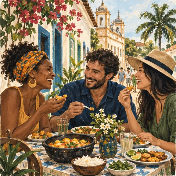 Ilustração de amigos compartilhando uma refeição durante uma viagem